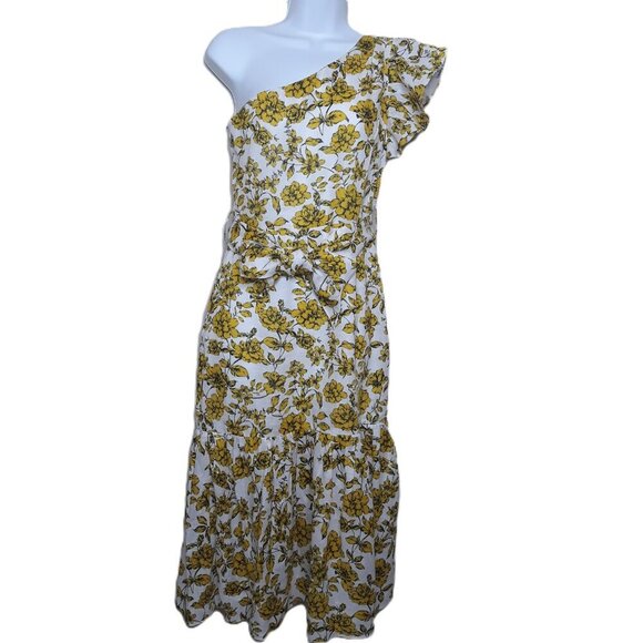 Christy Lynn Linen Floral One Shoulder Midi Dress 0 Yellow Party Wedding Event - Picture 1 of 11